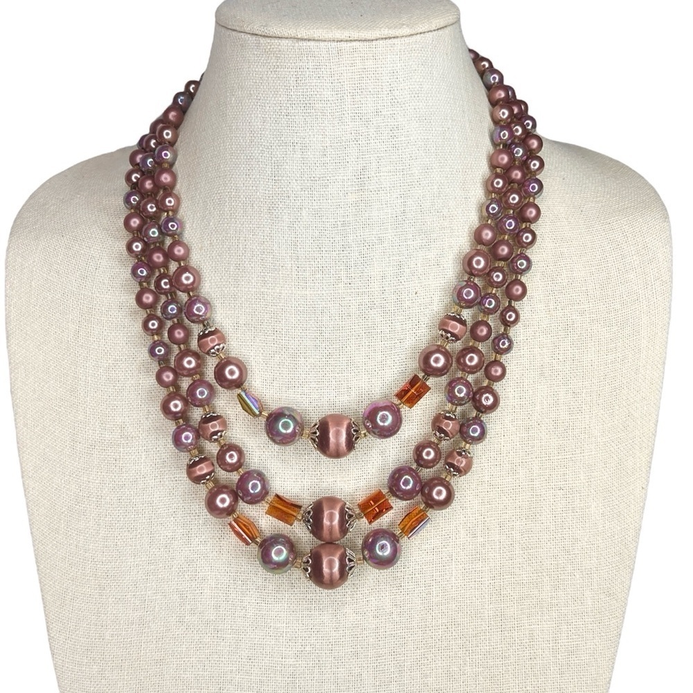 Vintage Japan Multi-strand Mauve Beaded Necklace - Picture 1 of 6